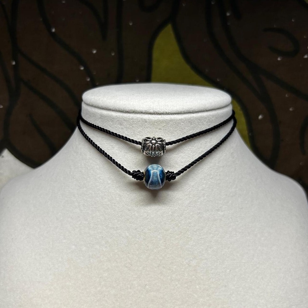 silver plated porcelain ceramic adjustable duo bundle necklace boho set cord blu